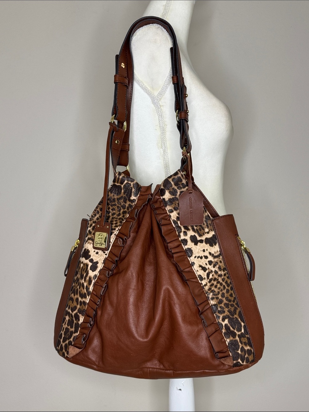 Jessica Simpson Brown Leather Shoulder Bag with Leopard Ruffle Panels.